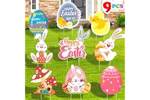 HOSKO 9 Pieces easter yard signs garden decorations outdoor, happy easter yard sign with Stakes, large ornaments for outside Corrugated Plastic Bunny Egg Chick