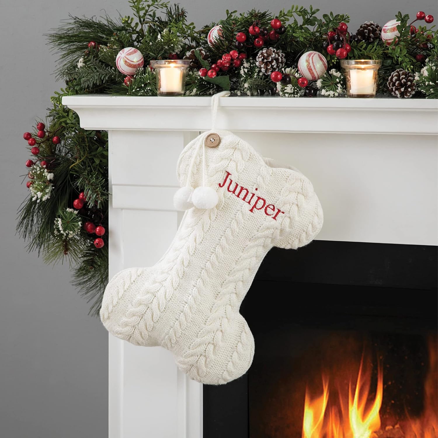Stockings & Holders - Personalized Planet Cable Knit Dog Bone Christmas Stocking with Custom Pet Name Embroidery | Ivory Fabric with Button Detail and Pom Pom Accents | Fun Festive Christmas Home Décor | Ready to Hang