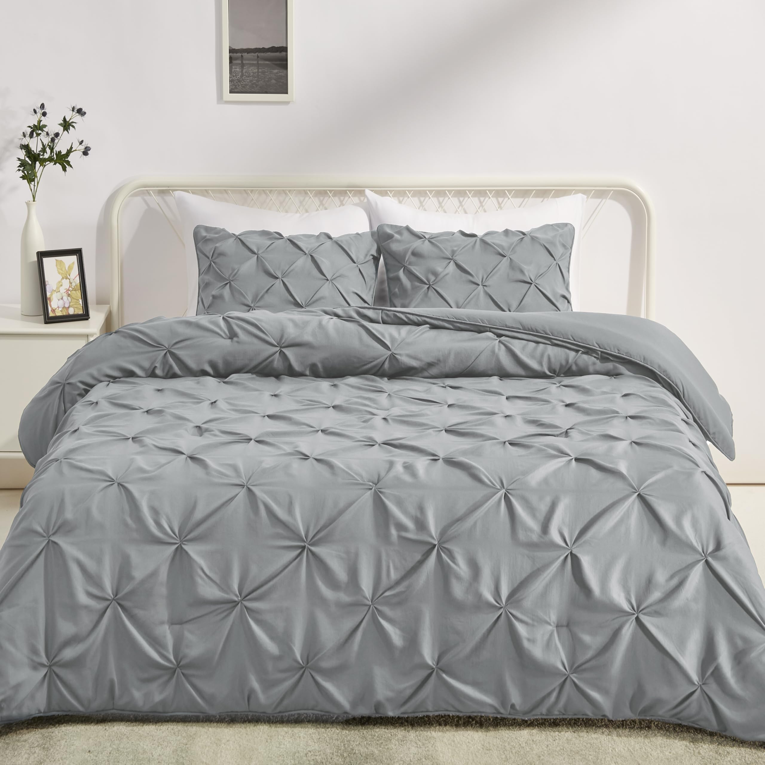 Photo 1 of Amazon Basics Soft, Lightweight King Size Comforter Sets, All-Season Down-Alternative 3-Piece Bedding Set, Pinch Pleat Design, Dark Grey