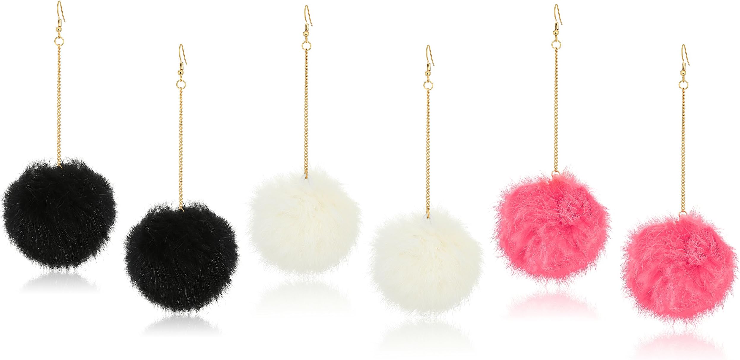 3 Pack Pom Pom Earrings Set with 3 inch Gold Dangle Chain - Black, White and Coral Earrings Set