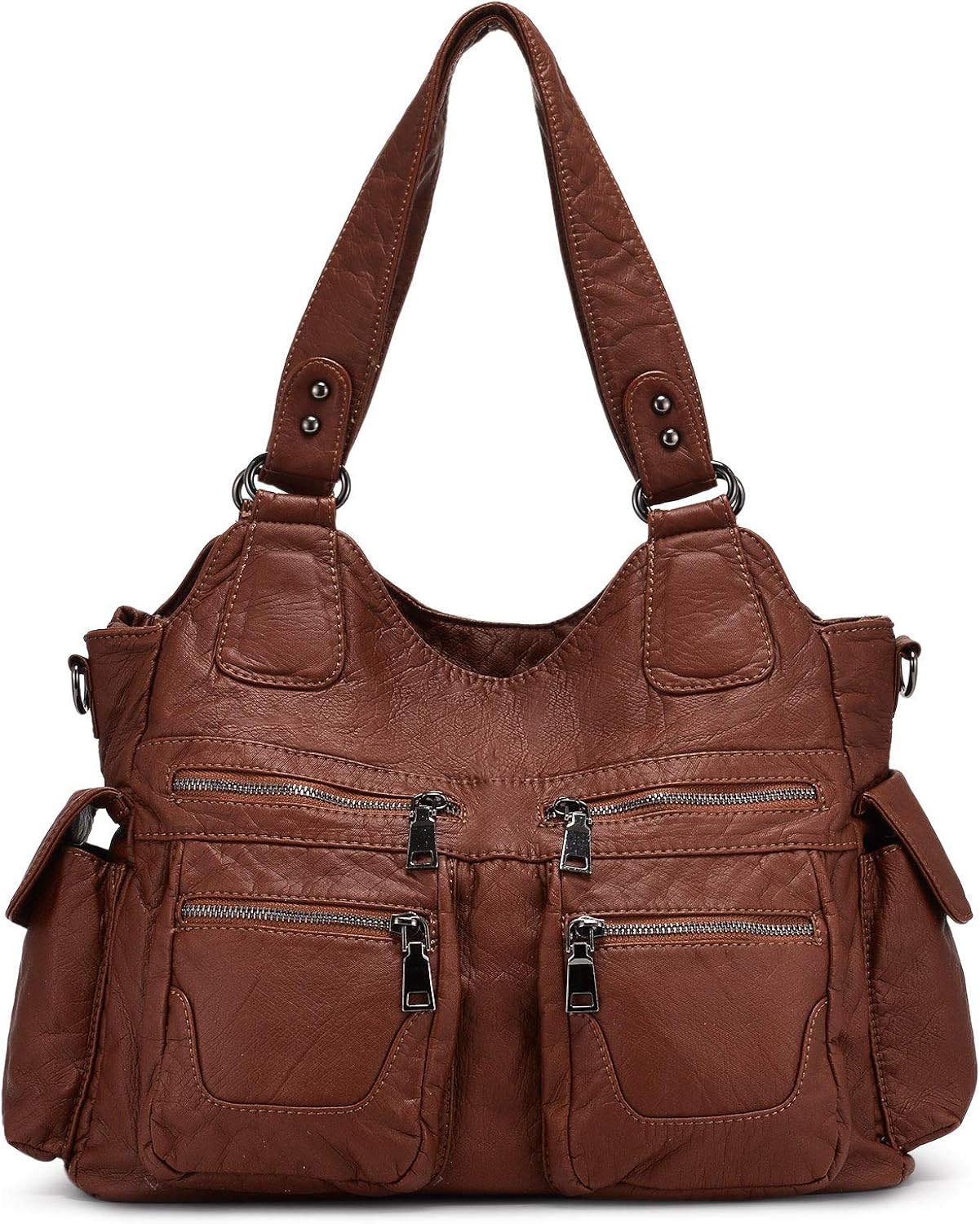 BAIGIO Ladies Handbag Soft Washed Leather Hobo Shoulder Bag Cross Body Top-Handle Purse For Women with Detachable Shoulder Strap (#A-Brown)