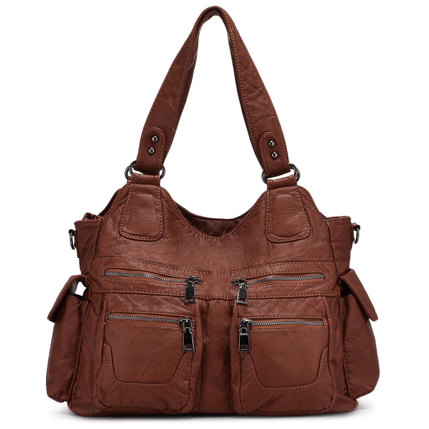 BAIGIO Ladies Handbag Soft Washed Leather Hobo Shoulder Bag Cross Body Top-Handle Purse For Women with Detachable Shoulder Strap (#A-Brown)