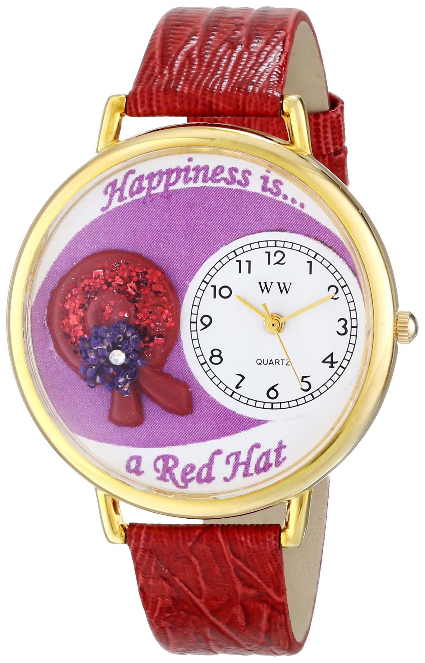 Whimsical Watches Red Hat Red Leather and Goldtone Unisex Quartz Watch with White Dial Analogue Display and Multicolour Leather Strap G-0470007