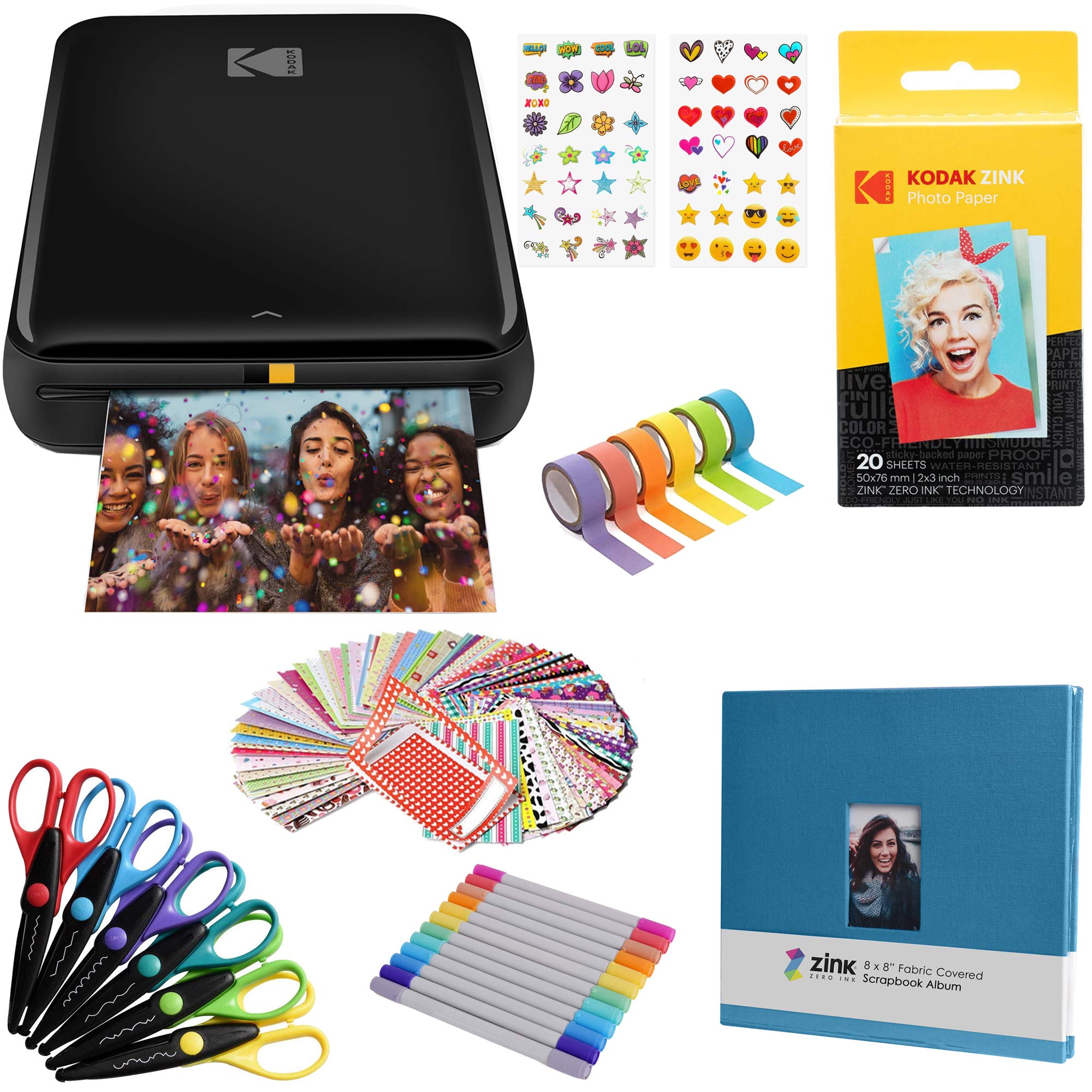 KODAK Step Wireless Mobile Instant Photo Printer (Black) Scrapbook Bundle