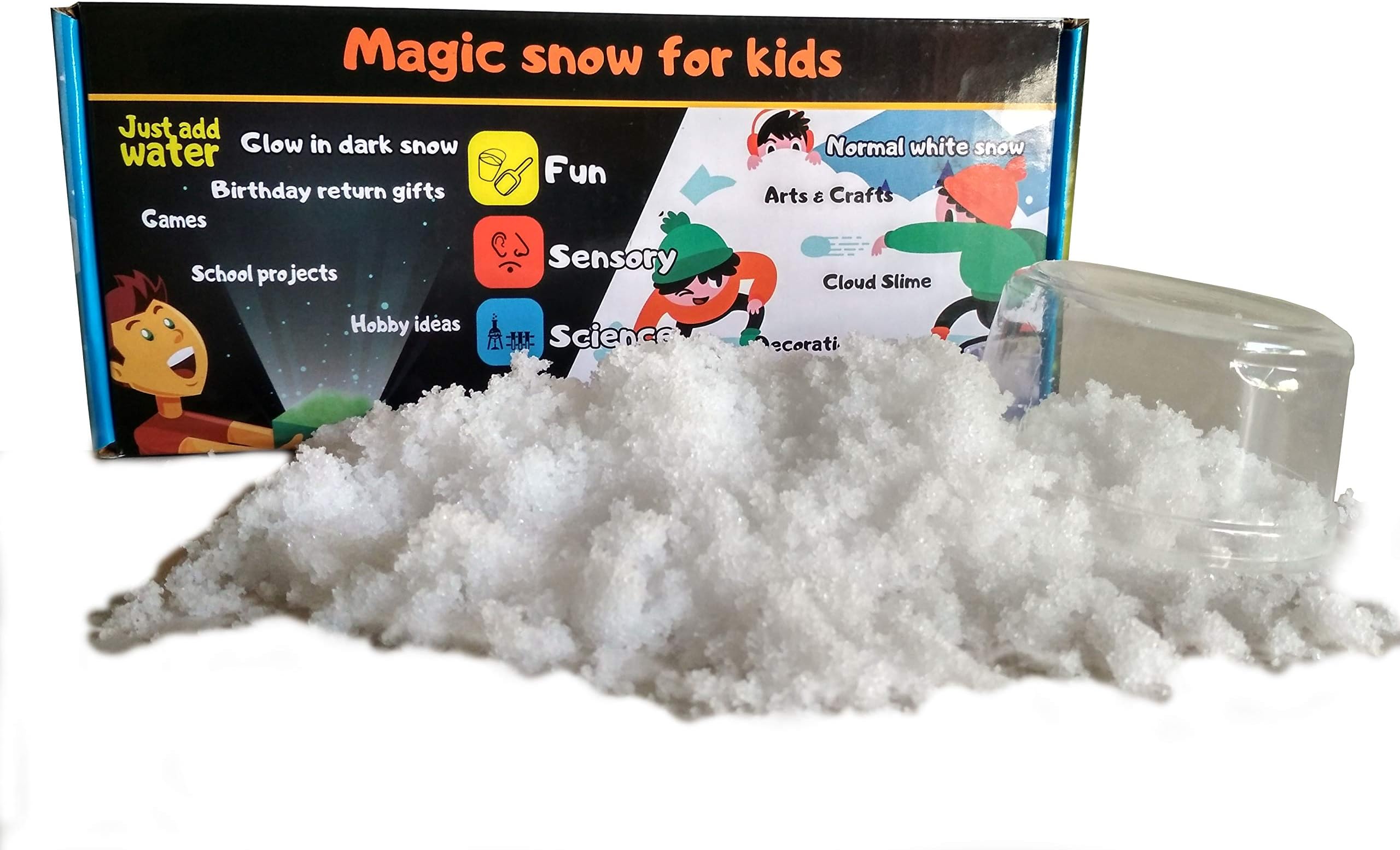 DIY series: Magic artificial snow powder for kids 4+ yrs. Just add water, useful in school projects, return gifts, parties, games, Christmas, hobby ideas etc. Feels like real snow