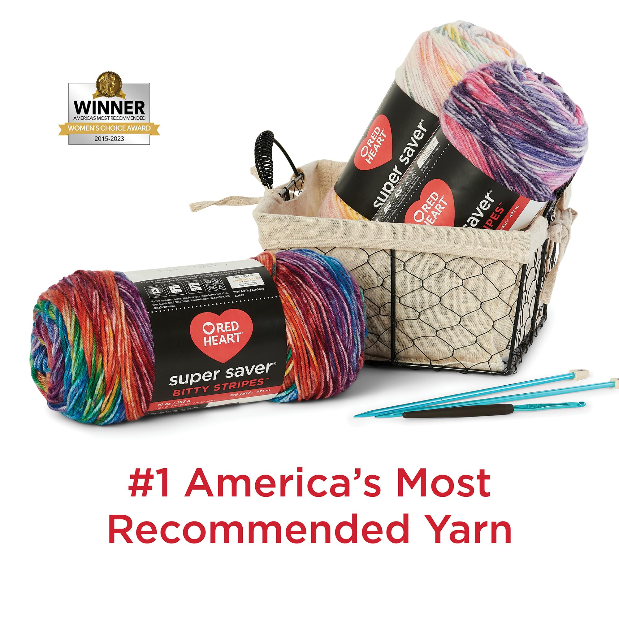 Red Heart Super Saver Bitty Stripes Crayon Box Yarn - 2 Pack of 10oz/283g - 100% Acrylic - #4 Worsted (Medium) - 515 Yards - Knitting/Crochet