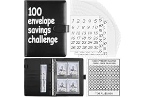 Phyxin 100 Envelope Challenge Binder, PU Leather A5 Binder, Budget Book with Cash Envelopes, 100 Envelopes Money Saving Challenge to Save $5,050, Budget Binder Planner Book, Black