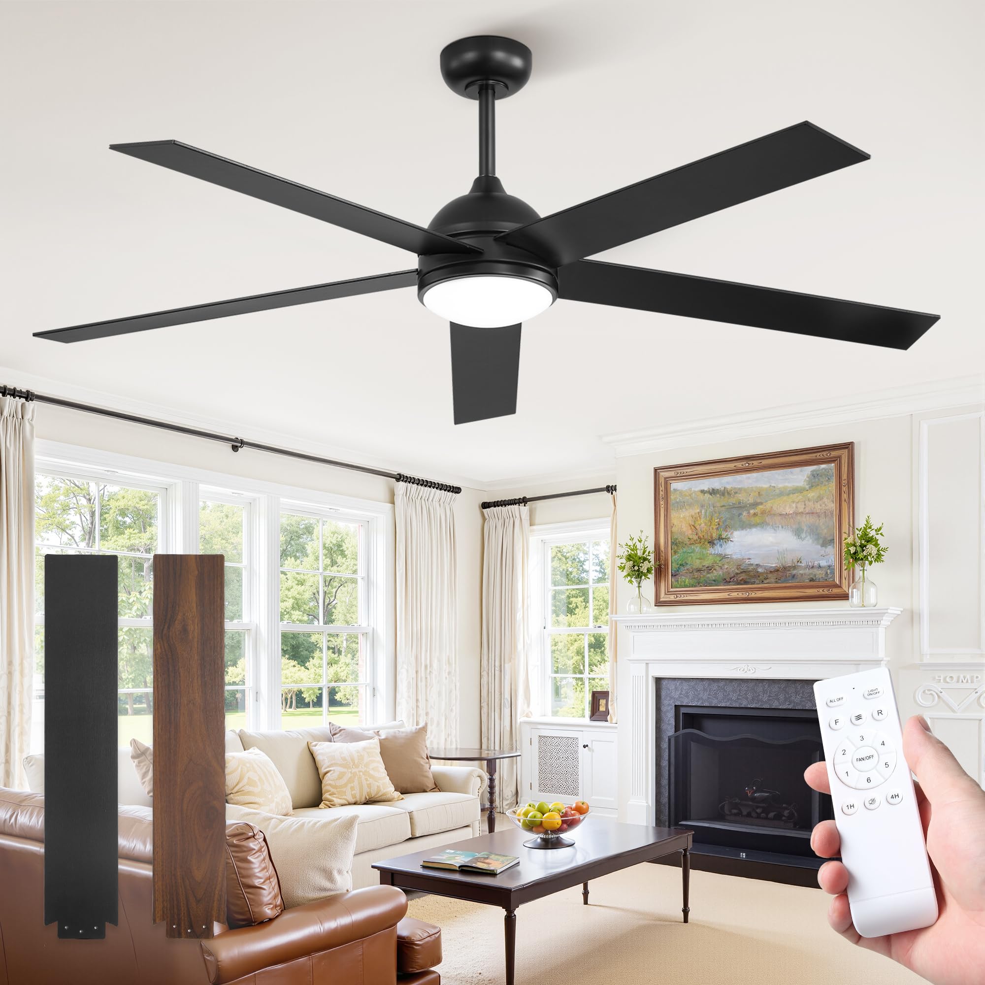 Fanbulous 60 Inch Ceiling Fan with Light and Remote, Black Modern Ceiling Fans, Farmhouse Industrial LED Ceiling Fan Lighting Fixture for Bedroom, Kitchen, Indoor, Living Room Image
