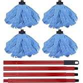 BeiLan Microfiber Mop Cloth Heads Replacements: One Mop Handle with Four Blue Microfiber Cloth Mop Heads Compatible with All Standard US Threading Pole Mop Handle