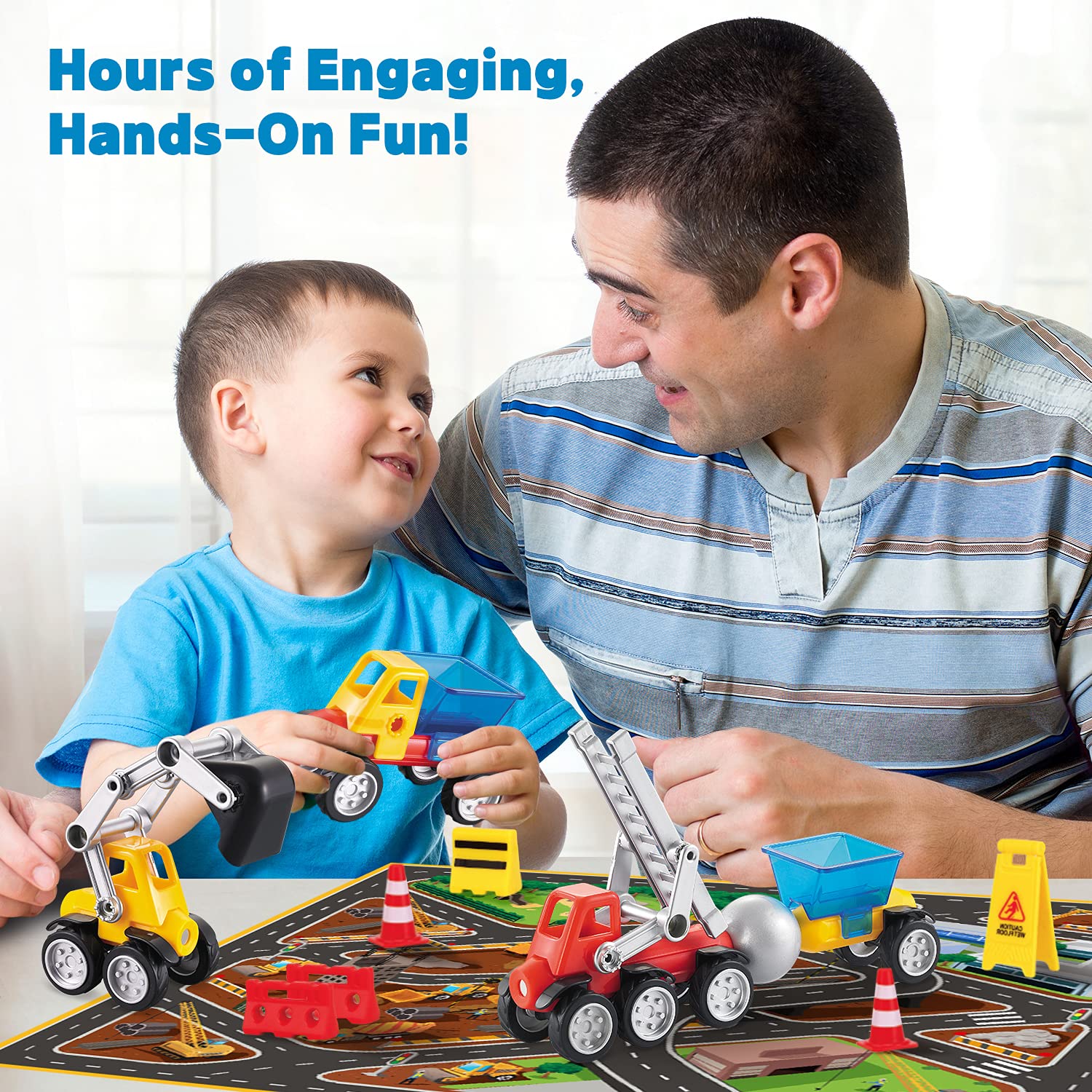 Cars Magnetic Building Blocks, New Shapes for Creating Endless Construction Trucks Toys, Including Play Mat, Road Signs, Montessori STEM Toy Boys & Girls and Magnetic Tiles for Kids Ages 4-8