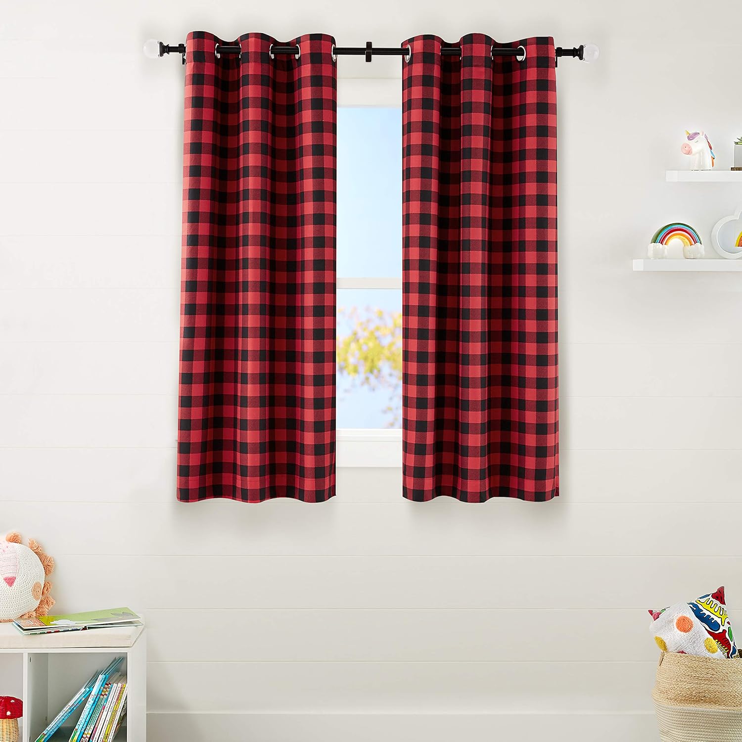 AmazonBasics Kids Room Darkening Blackout Window Curtain Set with Grommets - 42" x 63", Red Buffalo Plaid