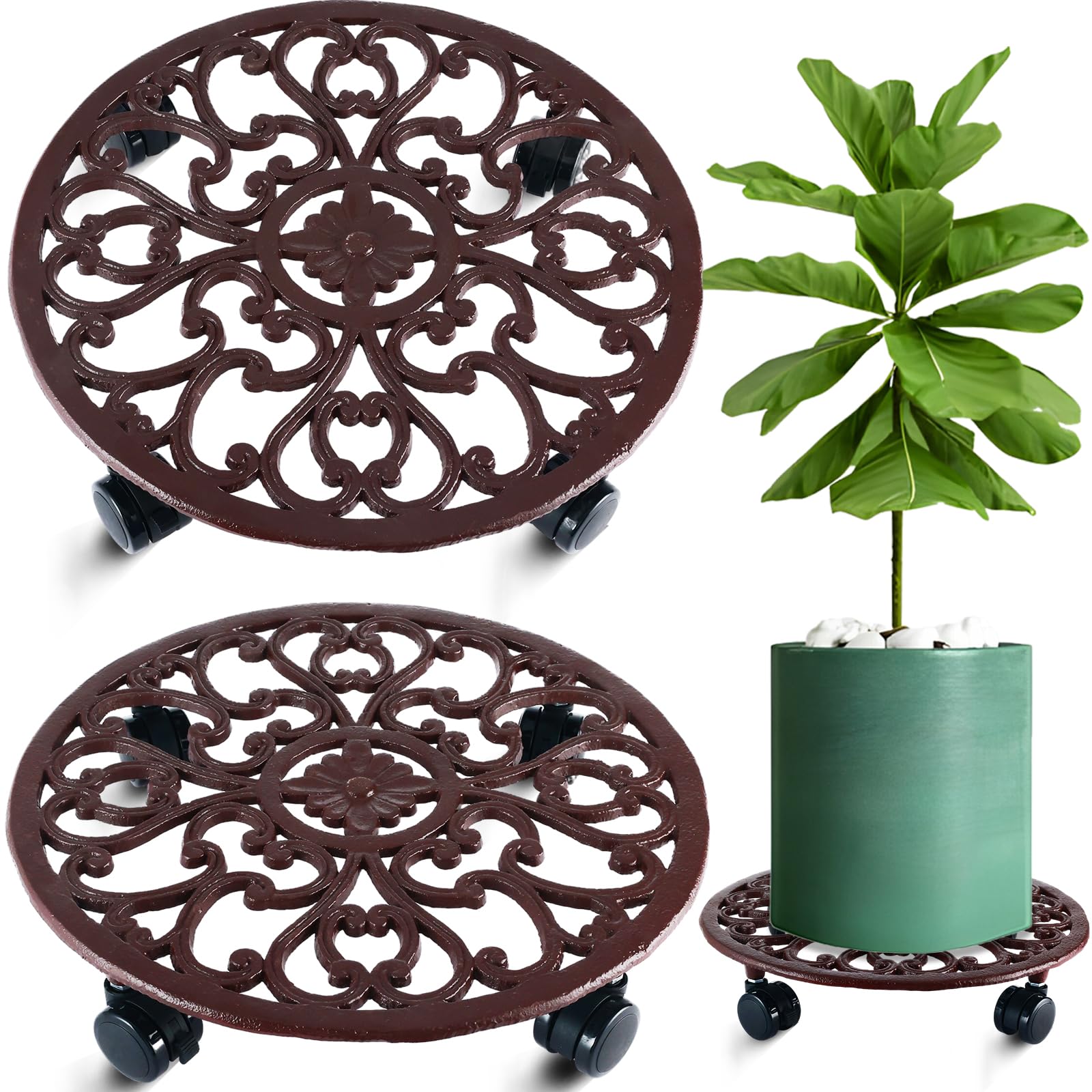 Photo 1 of 2 Packs 14 Inch Rolling Plant Stand with Wheels Metal Plant Caddy with Wheels Heavy Duty Round Plant Stand Indoor Iron Plants Rollers for Plants, Plant Dolly Brown