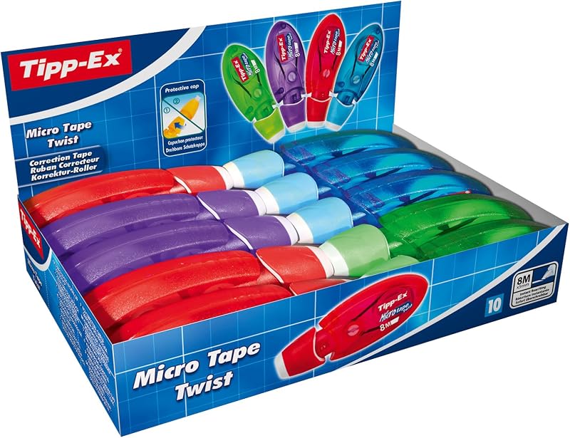 Tipp-Ex Korrekturroller Micro Tape Twist mit Schutzkappe, in 4 Farben, 8m x 5 mm, 10er Pack, Ideal für das Büro, das Home Office oder die Schule