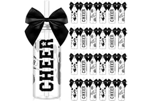 Teenyyou 24 Pcs Cheerleader Gift Bulk for Team Cheer Cups 14 oz Bow Water Bottle Plastic Cheer Tumblers with Lid and Straw for Cheerleader Sport Party Favor Senior Night Gift (Black)
