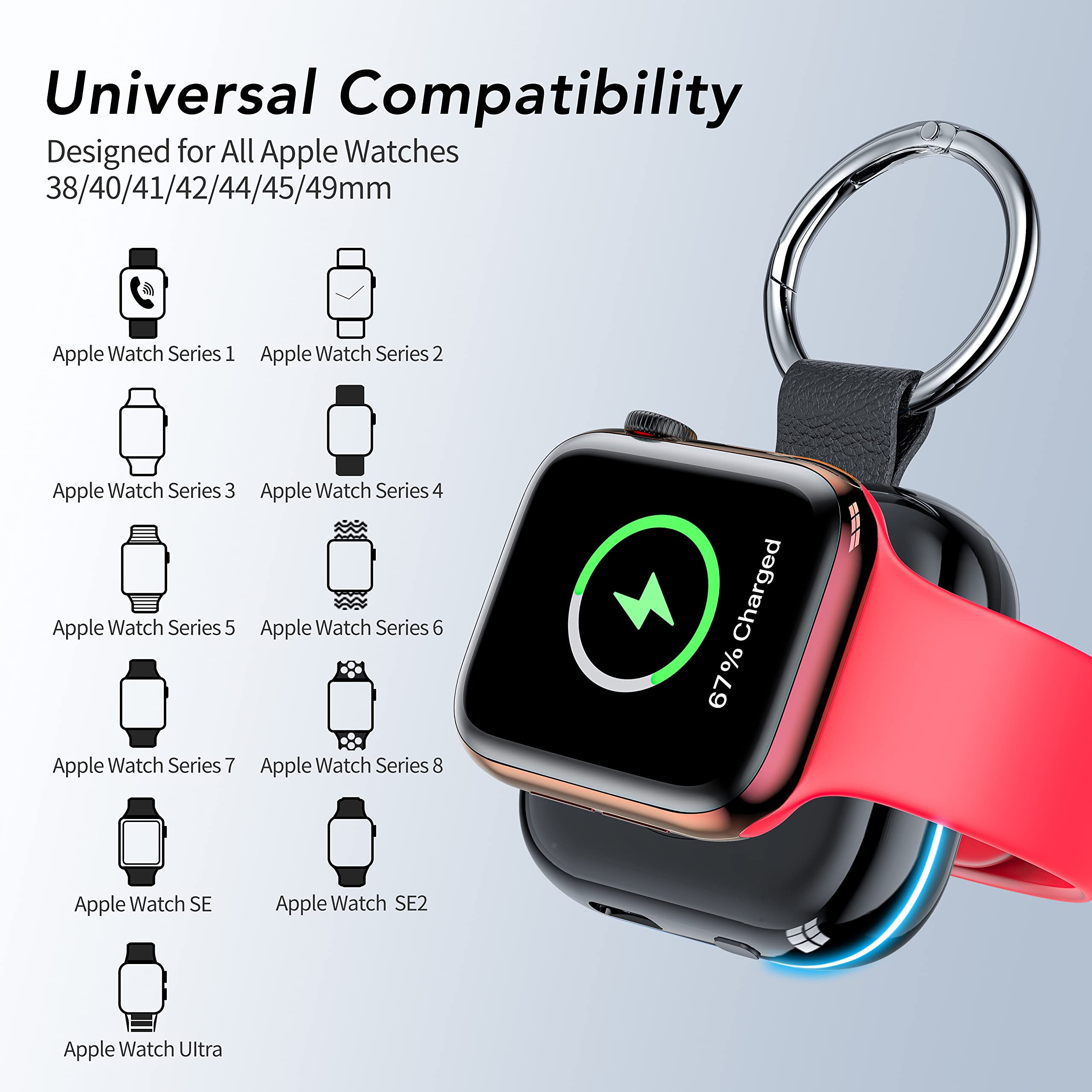 HUOTO Portable Charger for Apple Watch,Wireless Magnetic iWatch Charger 1200mAh Power Bank Travel Keychain Accessories Smart Chargers for Apple Watch Series 10/9/8/7/6/SE/5/4/3/2/1/UItra/UItra 2