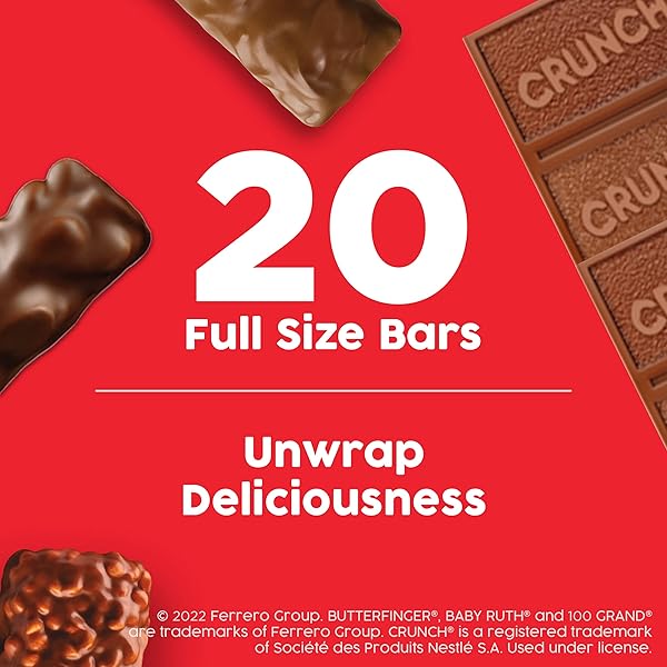 BUTTERFINGER, CRUNCH, BABY RUTH AND 100 GRAND, BULK 20 PACK, ASSORTED FULL SIZE CHOCOLATE CANDY BARS, 35 OZ
