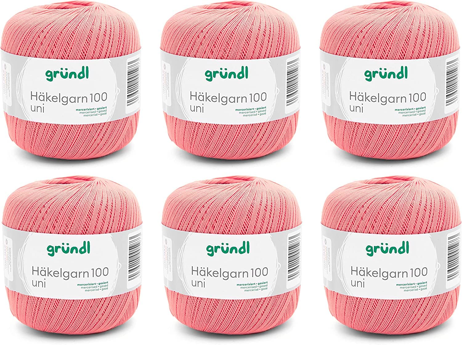Gründl Wool Crochet Yarn 100 100% Cotton 6 x 100g Balls Needle Size 1.5-2 6 100g / 566m Thin Yarn for Crochet Cotton Yarn Salmon