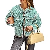 Tankaneo Womens Plaid Quilted Jackets Tie Front Lightweight Cropped Jacket Ruffled Puffer Padded Coat with Pockets