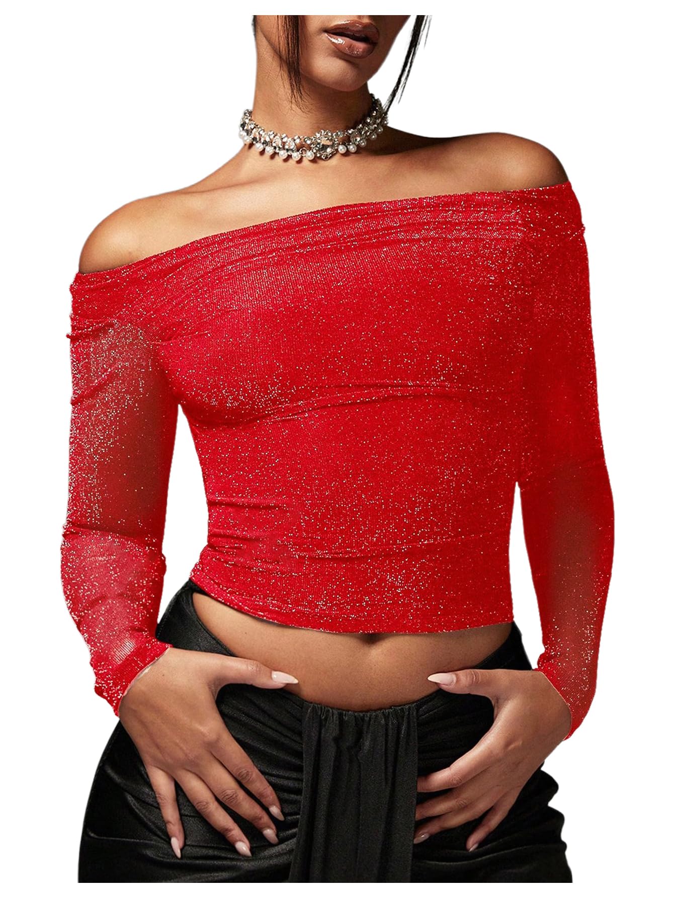 Photo 1 of    WDIRARA Women's Glitter Off The Shoulder Ruched Long Sleeve Cocktail Party Crop Top Red Medium