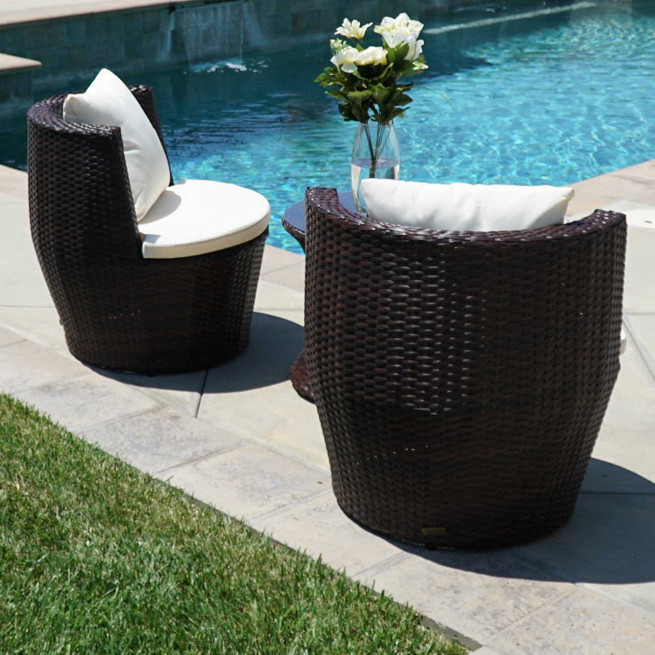 Belleze 3pc Patio Outdoor Rattan Patio Set Wicker Backyard Yard Furniture Outdoor Set Hour Glass Table Round Chairs Brown