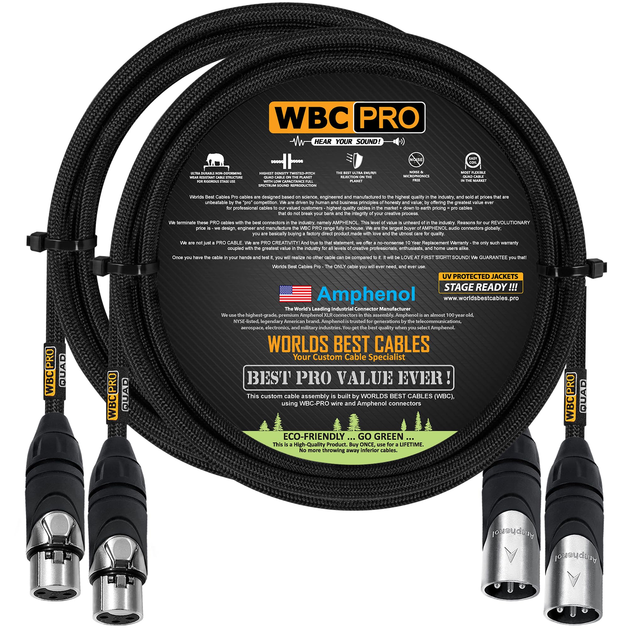 WORLDS BEST CABLES 2 Units - 1.5 Meter - WBC-PRO-QUAD Ultra-Silent Ultra-Flexible Balanced Star-Quad Cable with Amphenol Male & Female XLR Plugs & Black Tweed Jacket