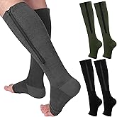 Nuanchu 3 Pairs Open Toe Zipper Compression Socks 20-30mmhg Zipper Compression Stockings Knee High Socks for Men Women Edema