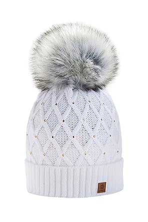 morefaz Wurm Winter Strickmütze Mütze Damen Kristalle Kiesel mit Große Pelz Bommel Pompon l SKI (MFAZ Ltd)