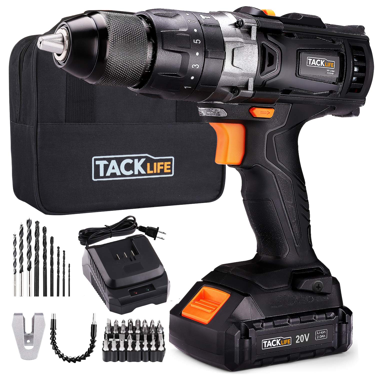 Drill, 20V 1/2" Cordless Drill Driver Set AutoLock with Hammer Action