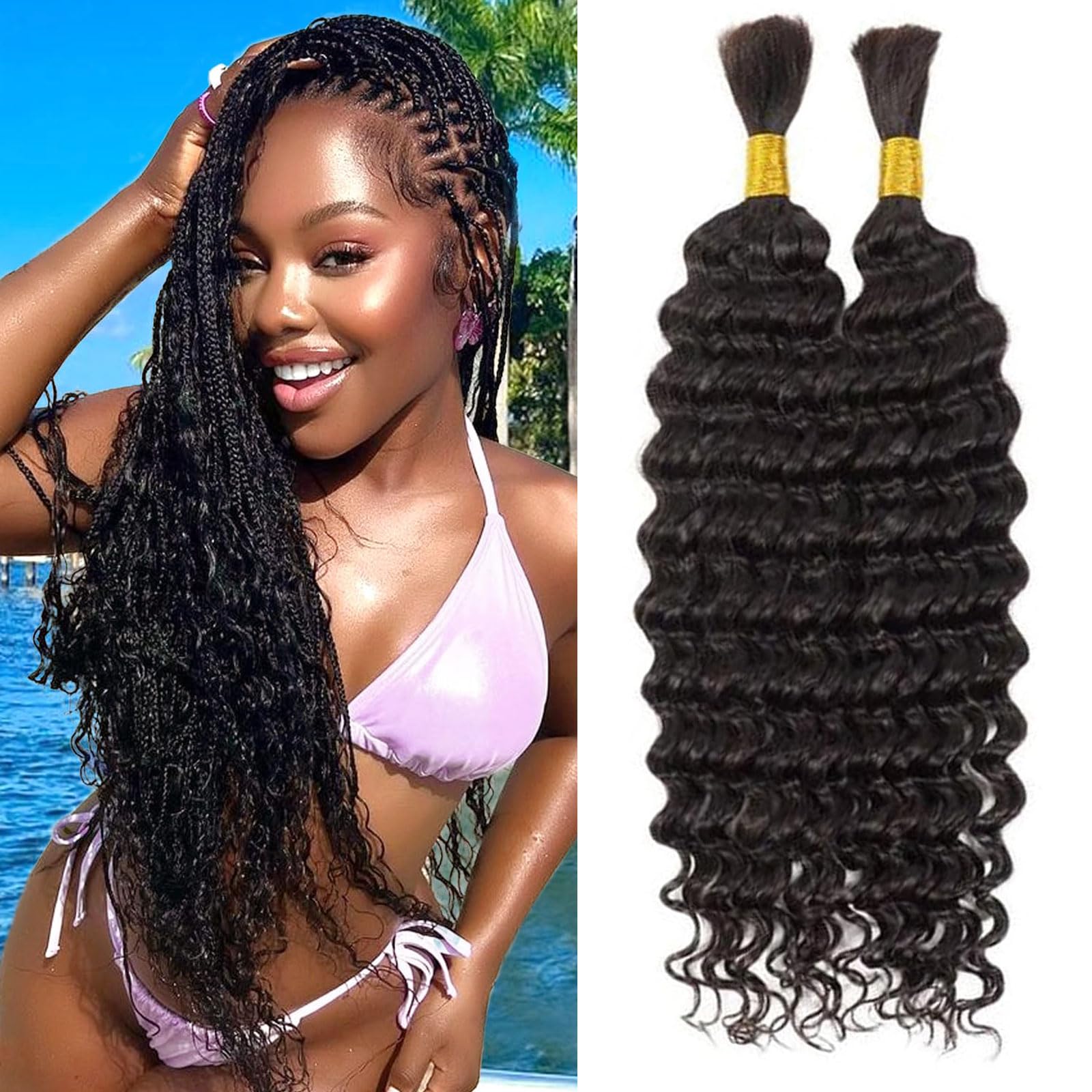 Huarisi Deep Wave Bulk Human Hair for Braiding No Weft 2 Bundles 50g 20Inch Deep Wave Boho Braids Hair Extensions Natural Color (100g a Lot)