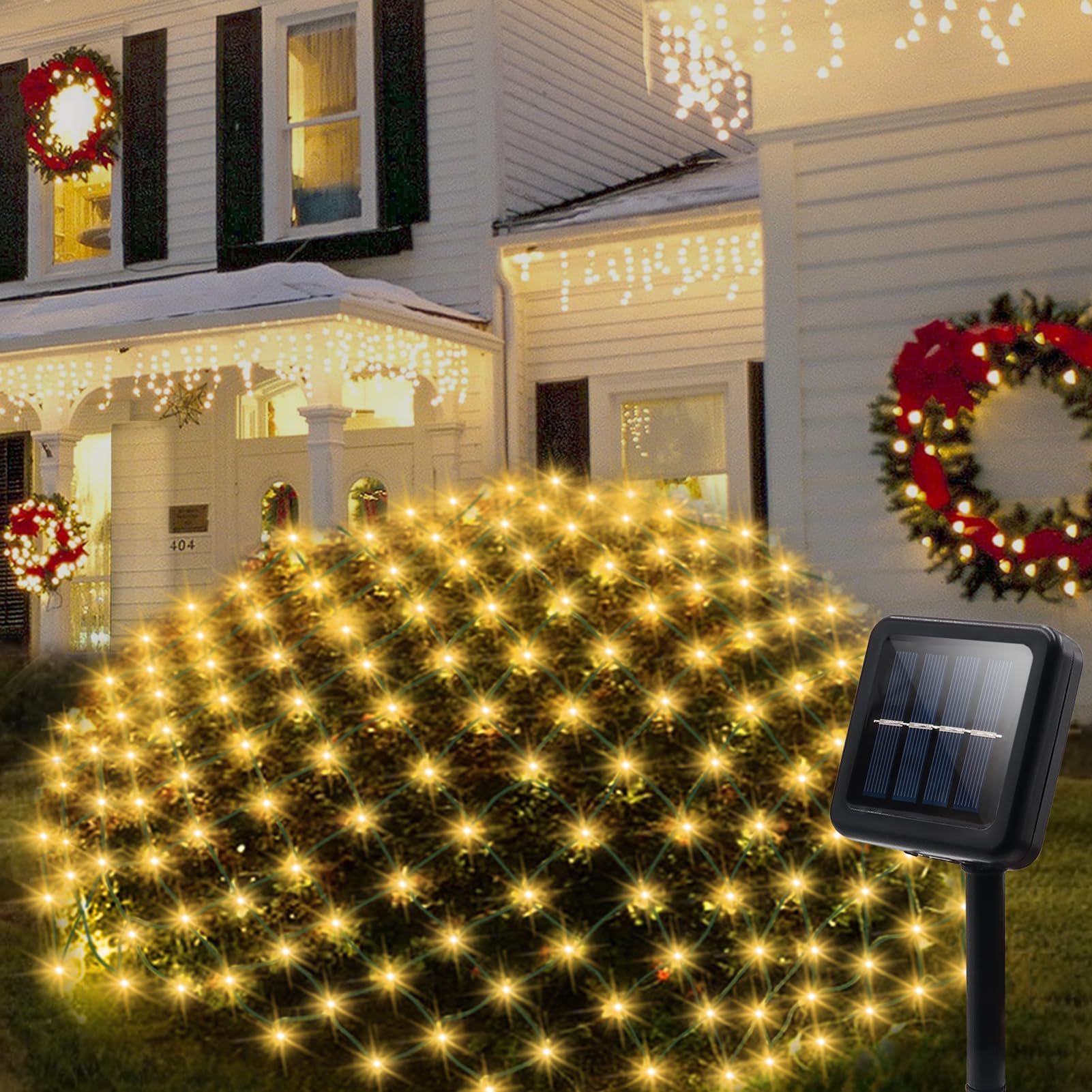 Photo 1 of DBFAIRY Solar Net Lights 5 x 5ft,100 LEDs Outdoor Net Mesh Lights,Dark Green Cable Auto On/Off 8 Modes Bush Mesh Light for Trees Bushes Garden Yard Decoration-Warm White