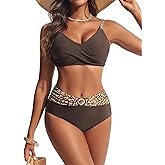 Hanna Nikole Womens High Waisted Bikini Sets, Textured Tummy Control Swimsuit, 2 Piece Twist Color Block Bathing Suits