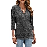 Ferriweel Womens 3/4 Sleeve Cross Wrap V Neck Tops Knit Tunic Blouse Casual Shirts