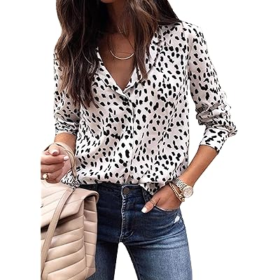 ECOWISH Womens Casual Tops V Neck Leopard Tunic Long Sleeve Button Down Shirts Top