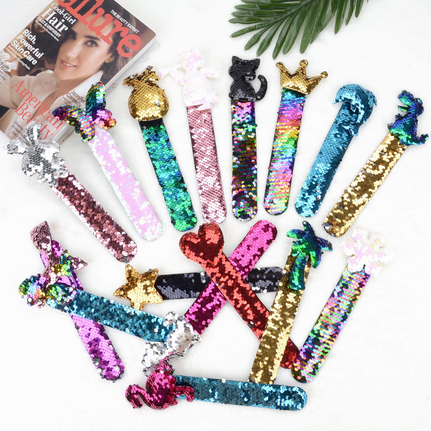 Mermaid Slap Bracelets,Kapmore 16 Pcs Mermaid Sequin Snap Bracelets Set 2 Color Magic Glitter Reversible Charm Sequins Flip Wristband Party Favor Slap Bracelets for Girls Boys