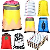 SilTriangle 24 Pcs Teacher Appreciation Bags Bulk Valentines Day Gifts for Teachers 10 x 7'' Drawstring Bags 6 Styles Pencil Notebooks Crayon Notebook Pattern Thank You Gifts for Classroom Party Favor