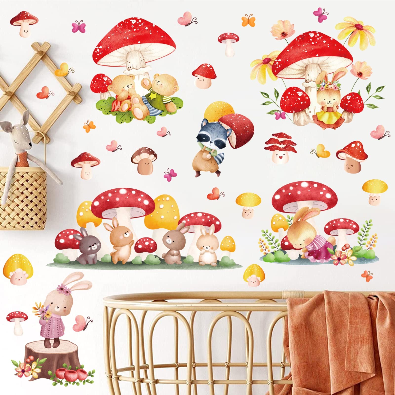 Nursery Wall Sticker Mushroom Wall Art Stickers Cute Rabbit Bear Wall Decals for Kid Baby Room Decor Cartoon Animal Wall Stickers Removable Flower Bunny Decal for Bedroom Playroom Living Room