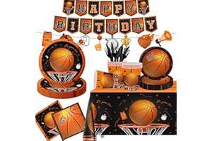 CMUSKO Basketball Party Supplies, 142Pcs Basketball Sports Theme Birthday Party Supplies Tableware Set,Include Basketball Plates and Napkins,Cups,Banner,Tablecloth for Basketball Birthday Decorations
