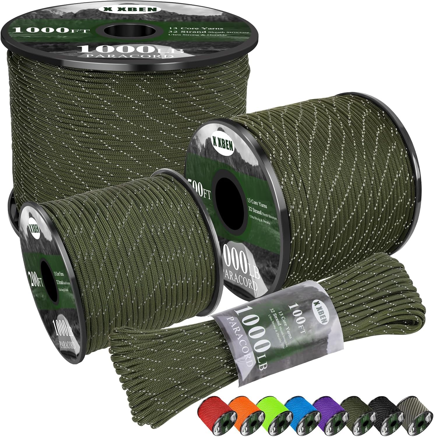Paracord Reflective 4mm 1000lb, Paracord Rope, Parachute Cord, Camping Rope, Ideal Paracord String, 50/100/200/500/1000ft (Olive, 50ft)