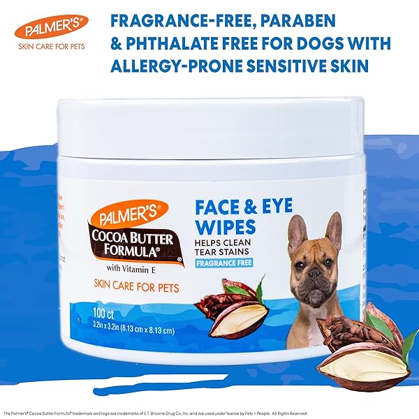 PALMER’S FOR PETS FACE AND EYE WIPES WITH COCOA BUTTER AND VITAMIN E, DOG EYE CLEANING AND CARE, SPECIALLY FOMULATED FOR DOGS, 100CT