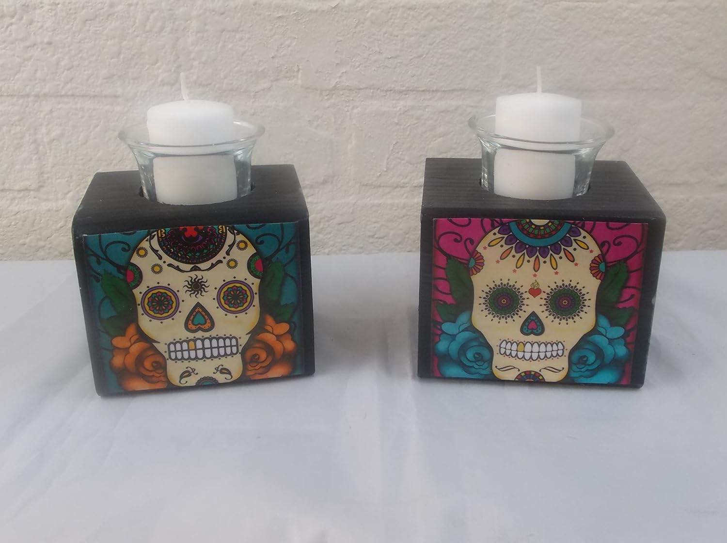 Set of 2 Sugar Skull Candle Holder Block Votive Holder My Sugar Skulls
