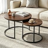 sunhuajoy Round Nesting Coffee Table Set of 2, Modern Nesting Tables, Minimalist Stacking End Tables for Living Room Bedroom, Sturdy Metal Frame Center Table for Small Space (Wood Brown&amp; Black)