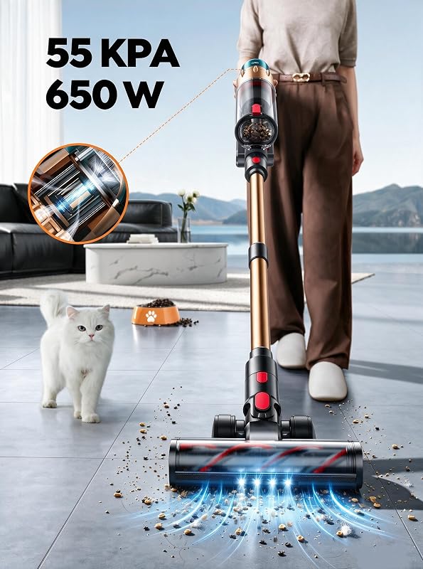 Aspirador sem fios 50KPa/600W/65min (ECO), aspirador vertical potente com escova de colchão, mangueira 1M, escova anti-emaranhados com luz, modo automático, carregamento na parede, carro/pisos/carpetes