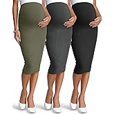 Sweetyweee 3 Pack Women's Maternity Skirts, Over The Belly Thermal Midi Ribbed Pregnancy High Waisted Stretchy Pencil Skirts