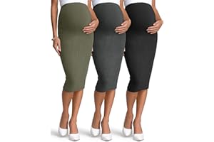 Sweetyweee 3 Pack Women's Maternity Skirts, Over The Belly Thermal Midi Ribbed Pregnancy High Waisted Stretchy Pencil Skirts