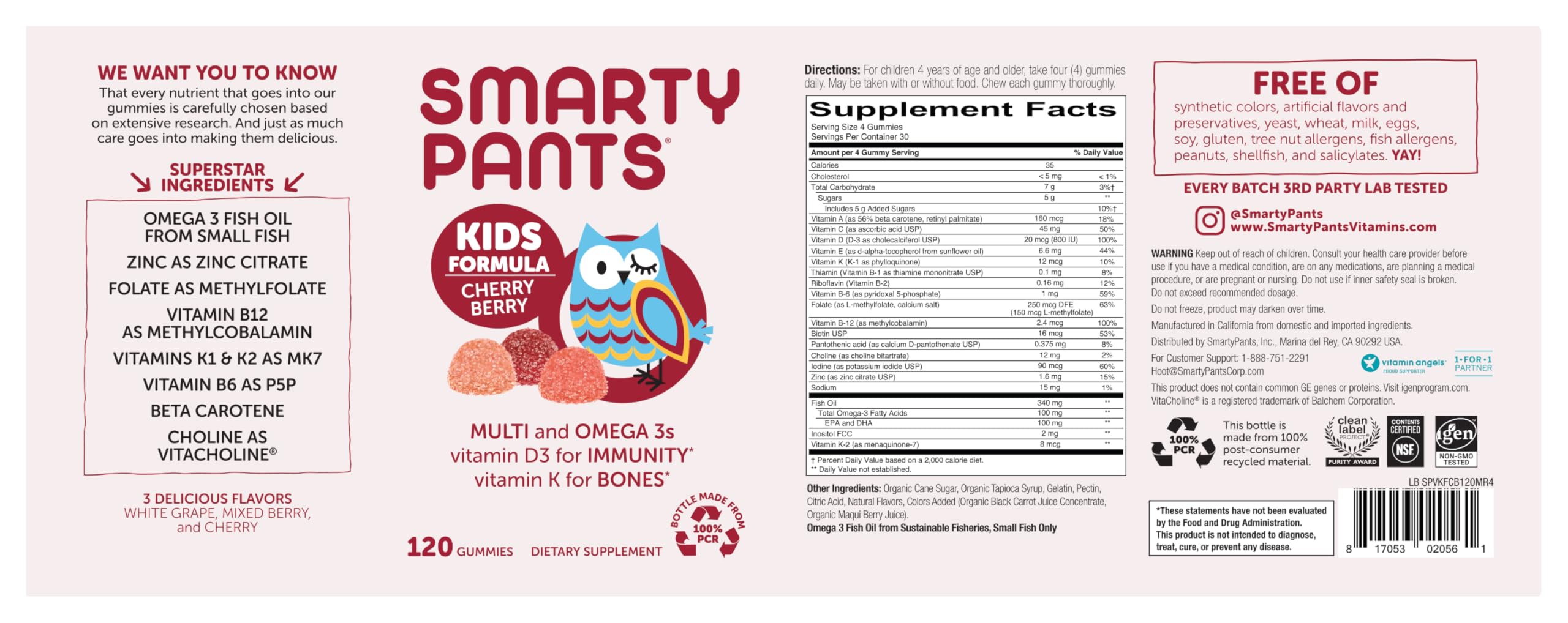 SmartyPants Kids Multivitamin Gummies: Omega 3 Fish Oil (EPA/DHA), Vitamin D3, C, Vitamin B12, B6, A, K & Zinc for Immune Support, Biotin, Grape, Cherry & Berry Flavors, 120 Count (30 Day Supply)