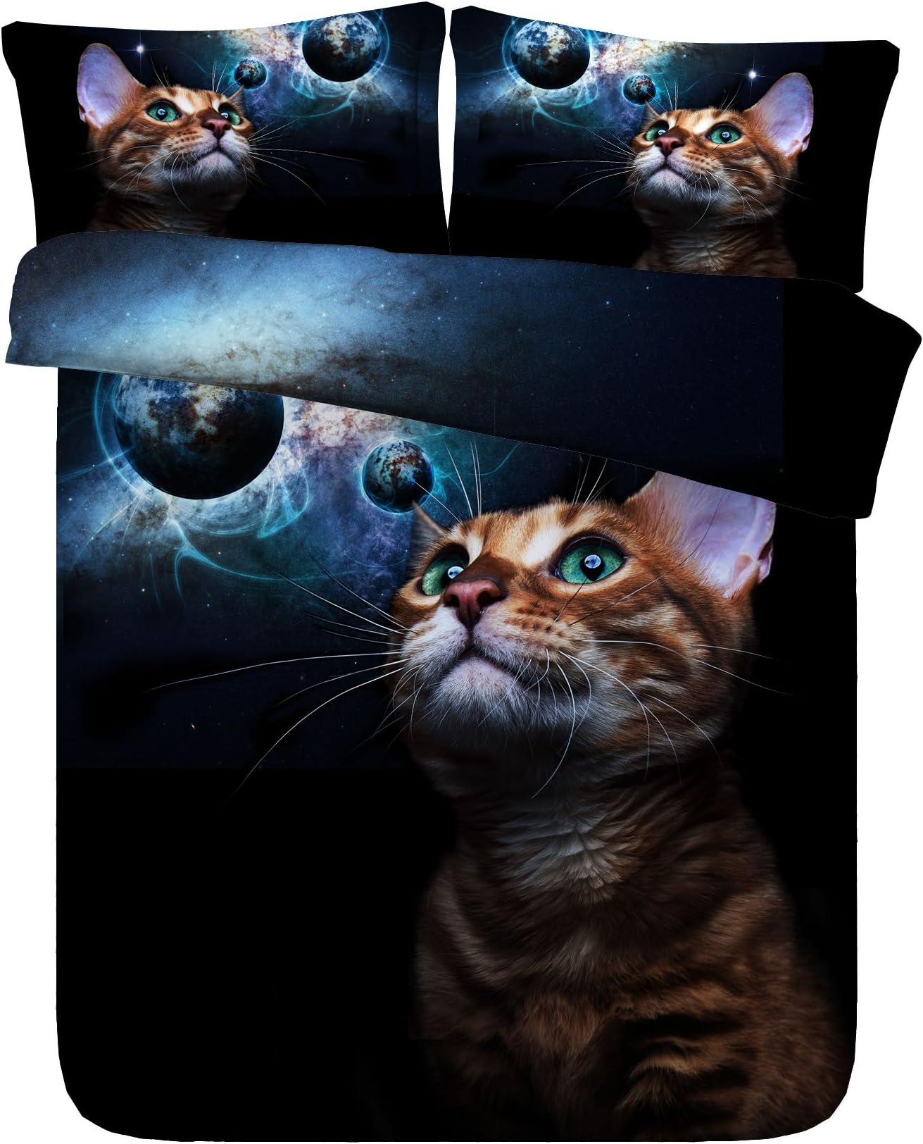 Royal Linen JF-457 Cute Kitten and Planet Quilt Cover Sets 3pcs Dark Bedding with 1 Duvet Cover 2 Pillow Cases (King 3pcs)