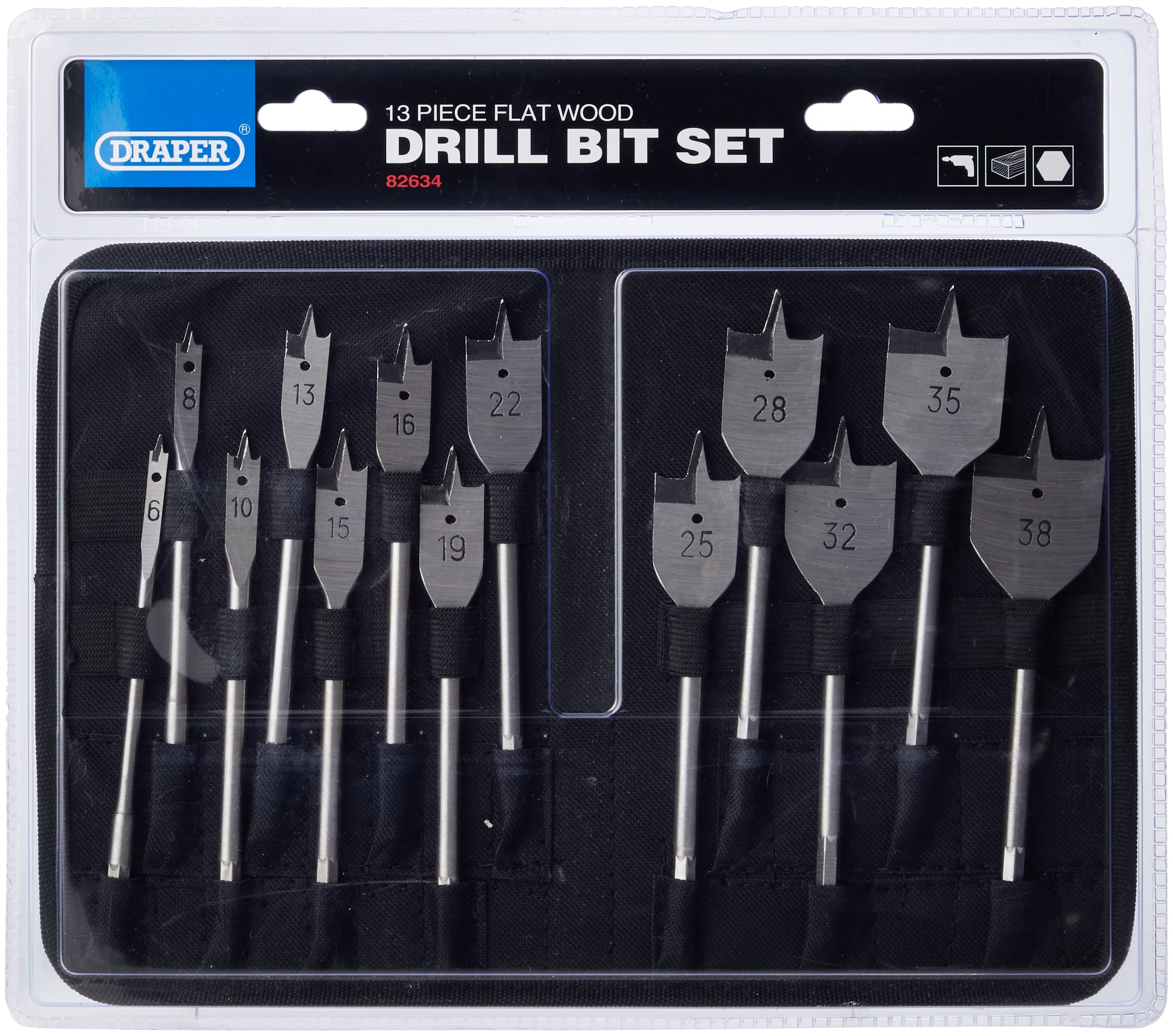 Draper 82634 13 Piece Flat Wood Bit Set, 230 V, Silver