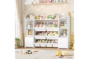FOTOSOK 55''Large Toy Storage Organizer with 8 Toy Bins, Toy Organizers and Storage with Shelf and 6 Storage Cubbies, Bookshelf for Kids, Playroom Organization and Storage Bins, White