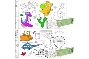 Hautton 2 Rolls Kids Coloring Roll, Drawing Rolly Paper for Children 118" L x 12" W Art Painting DIY Wall Rolls Toddler Sticky Coloring Sheets -Dinosaur/Vehicle
