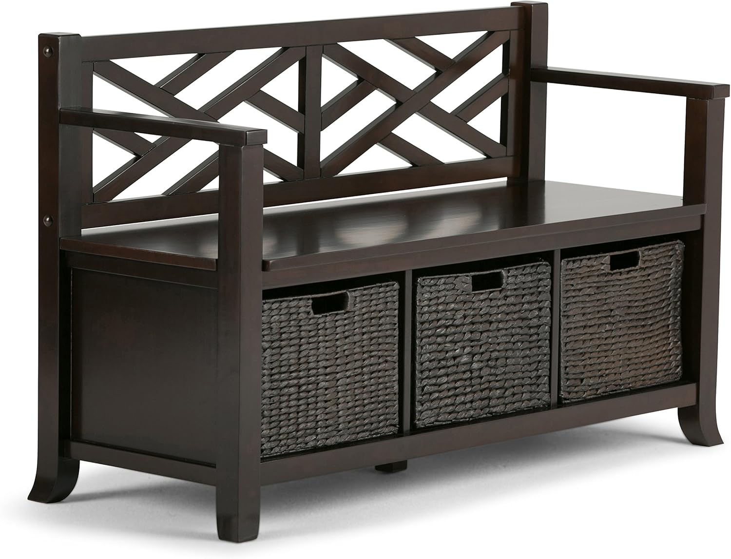 Simpli Home Adrien SOLID WOOD 47 inch Wide Storage Bench with Basket Storage, Multifunctional, Transitional, in Espresso Brown